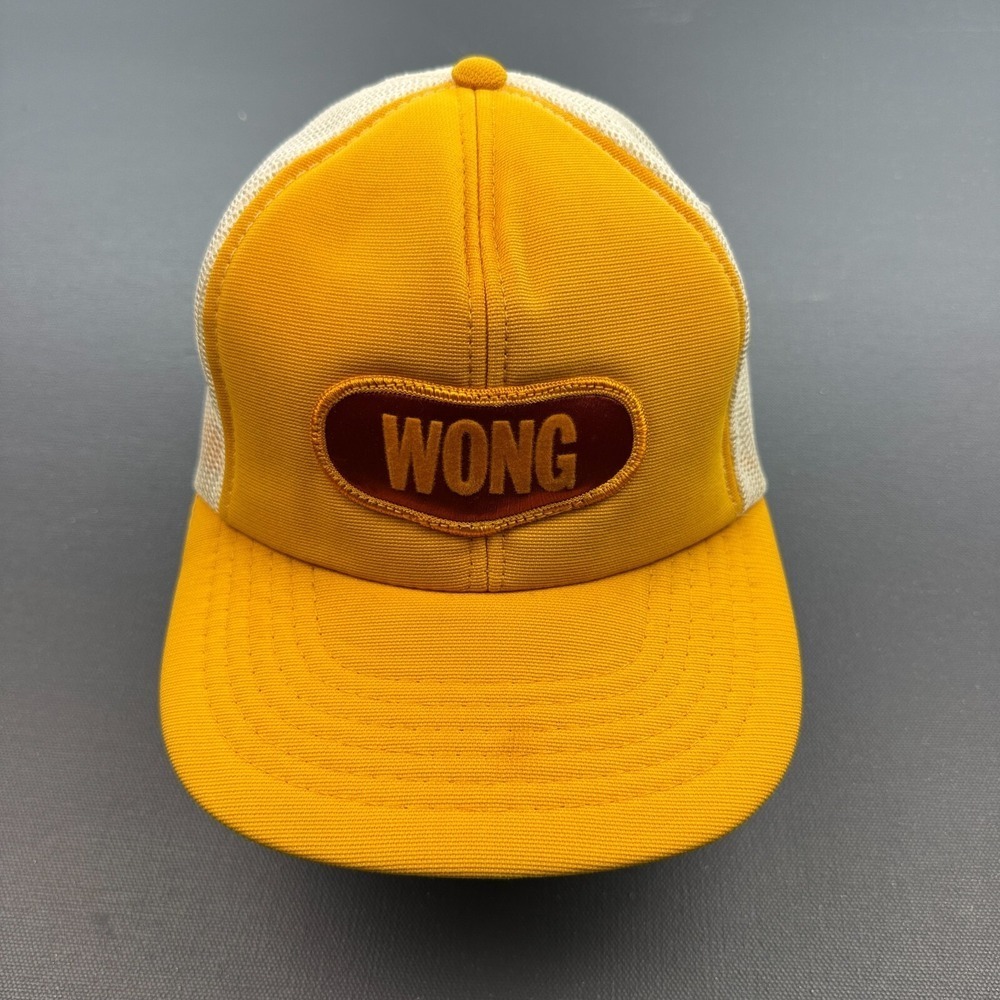 Vintage 1983 WONG Trucker Hat Yellow Mesh Snapback M/L Bold Retro Patch USA Cap